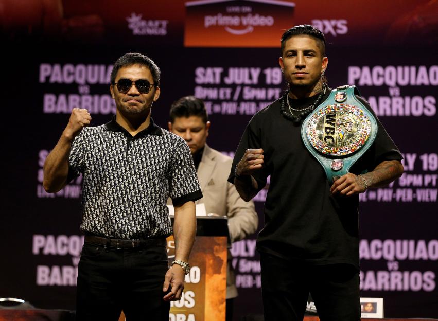 Manny Pacquiao and WBC Welterweight World Champion Mario Barrios at a press conference.