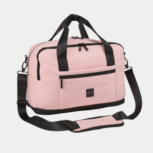 Pink Cabin Max duffel bag with black straps.