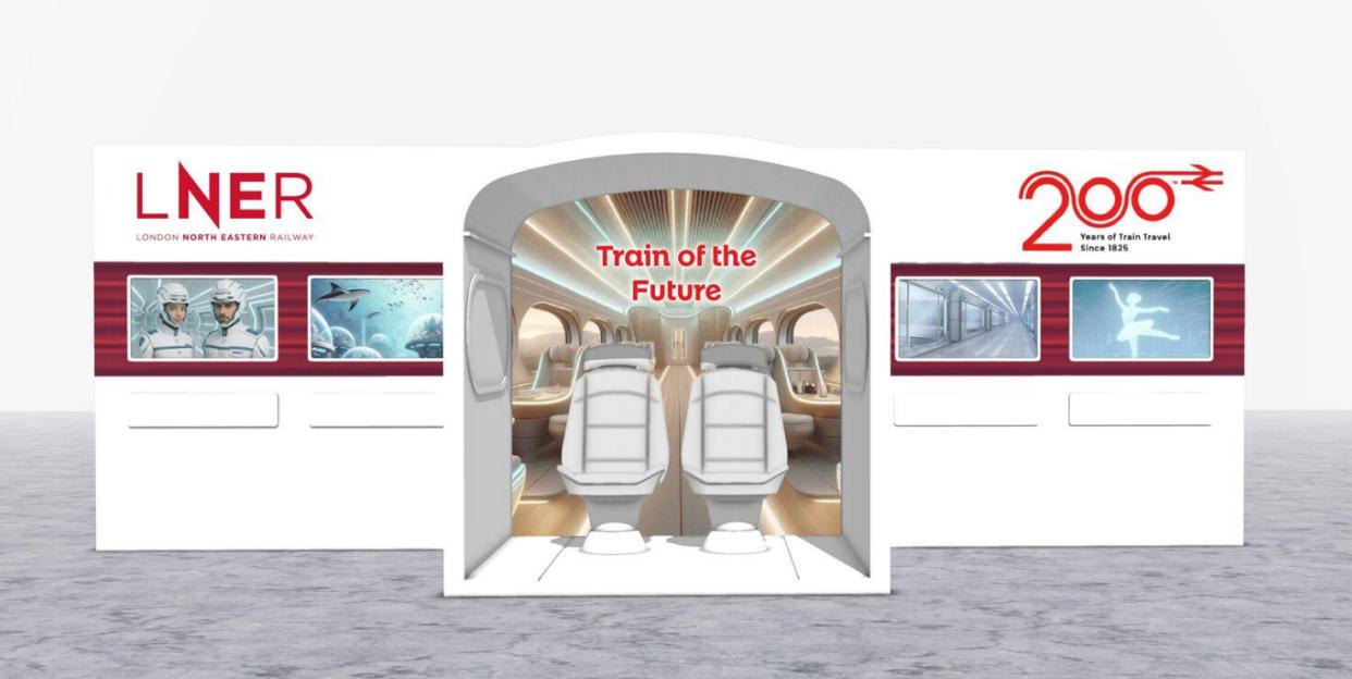 Illustration of LNER's vision for the train of the future, featuring autonomous travel pods and augmented reality windows.