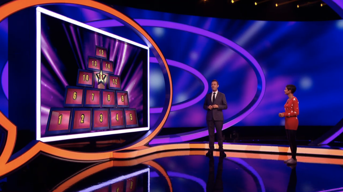 Screenshot of game show set with numbered pyramid and two hosts.