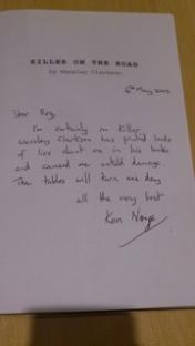 Handwritten note denying accusations in Wesley Clarkson's book, *Killer on the Road*.