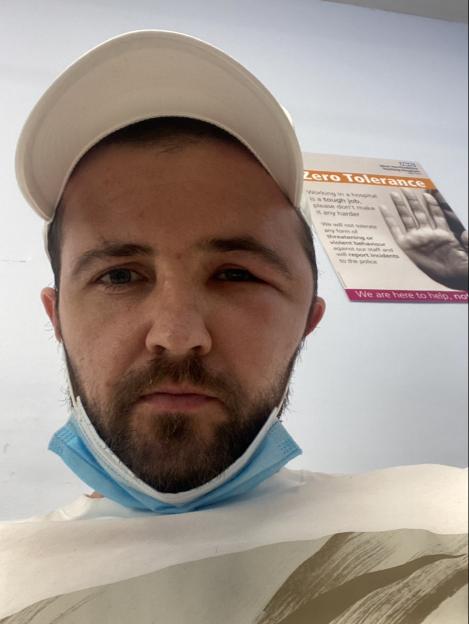 Man with head injury in hospital.