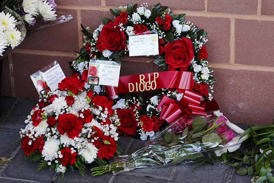 Floral tributes at Anfield Stadium for Diogo Jota.