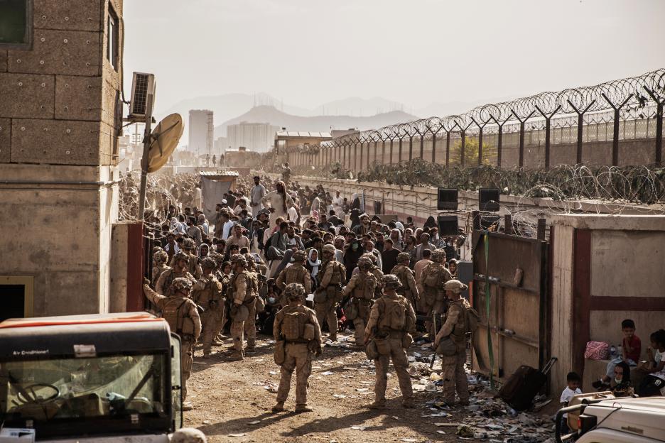 U.S. Marines assisting with evacuations at Hamid Karzai International Airport in Kabul.