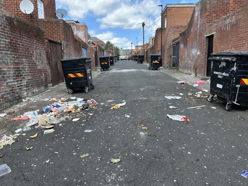 Litter and overflowing bins in a narrow alleyway.