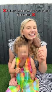 Woman and toddler holding popsicles; text overlay warns against certain summer foods for toddlers.