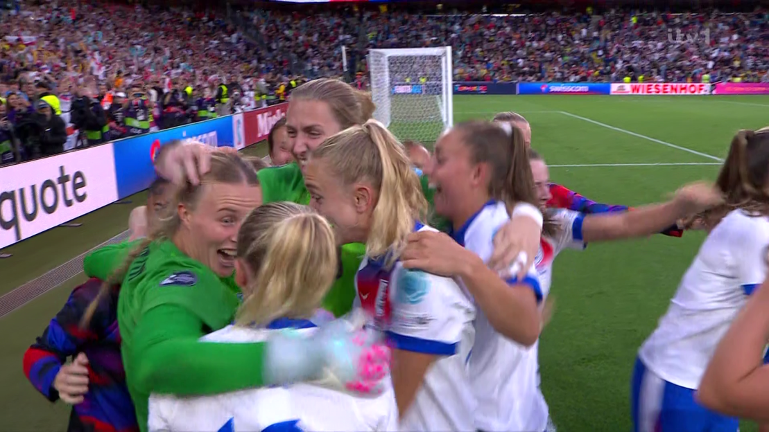 Soccer team celebrating a goal.