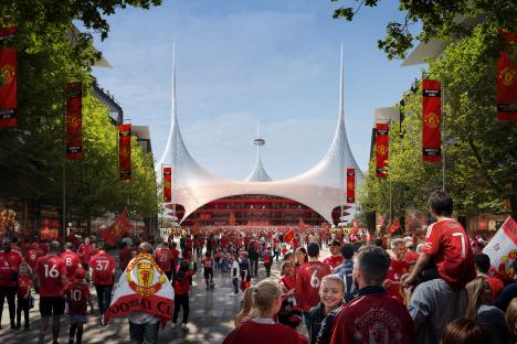Illustration of Manchester United fans outside a new stadium.