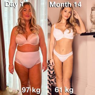 Before and after photos showing a woman's weight loss; 97kg to 61kg.
