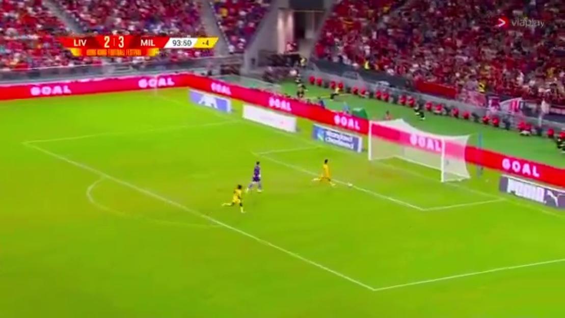 Noah Okafor scoring for AC Milan against Liverpool.