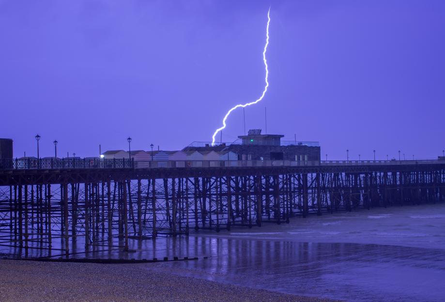 Lightning striking Hastings Pier.