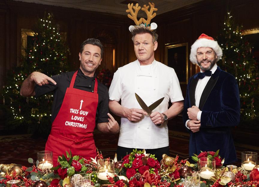 Gino D'Acampo, Gordon Ramsay, and Fred Sirieix at a Christmas-themed event.