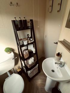 Bathroom with ladder shelf, sink, and toilet.