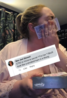 Screenshot of a woman crying while holding money and a tissue box, with a superimposed tweet commenting on the situation.