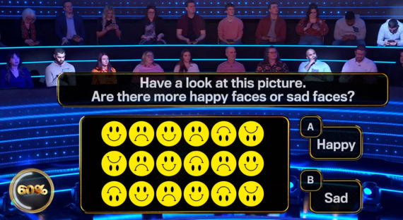 Quiz question: Are there more happy or sad faces in the image? Fifteen smiley faces are shown, some happy and some sad.