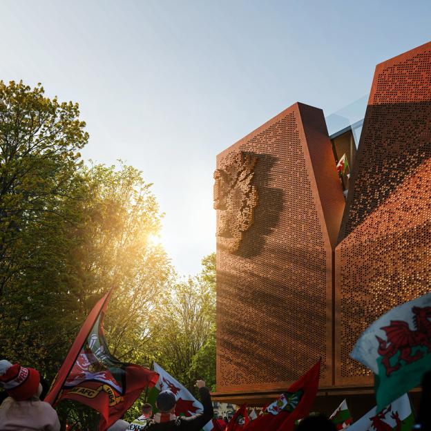 Digital rendering of a new stadium stand with fans and Welsh flags.
