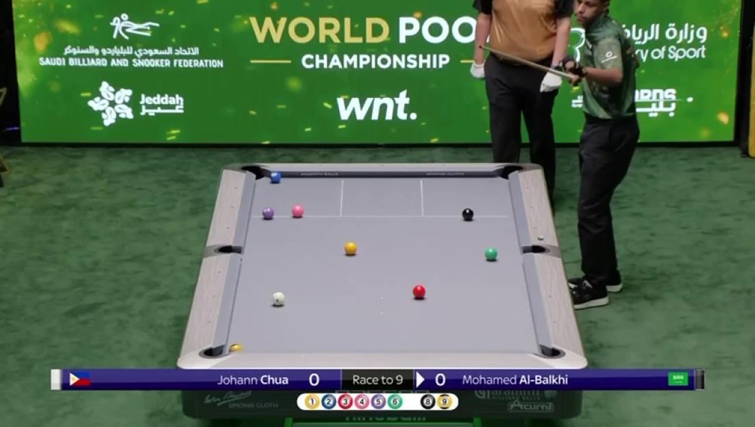 Johann Chua playing pool at the World Pool Championship.