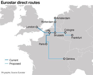 Illustration of Eurostar direct routes, showing current and proposed lines.