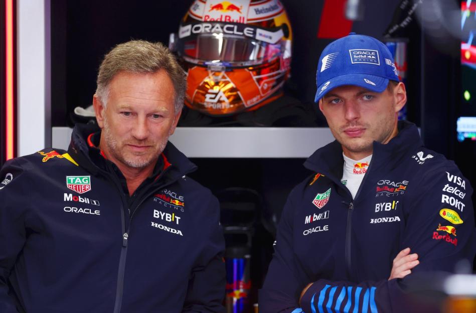 ZANDVOORT, NETHERLANDS - AUGUST 24: Max Verstappen of the Netherlands and Oracle Red Bull Racing interacts with Oracle Red Bull Racing Team Principal Christian Horner in the garage during final practice ahead of the F1 Grand Prix of Netherlands at Circuit Zandvoort on August 24, 2024 in Zandvoort, Netherlands. (Photo by Bryn Lennon - Formula 1/Formula 1 via Getty Images)