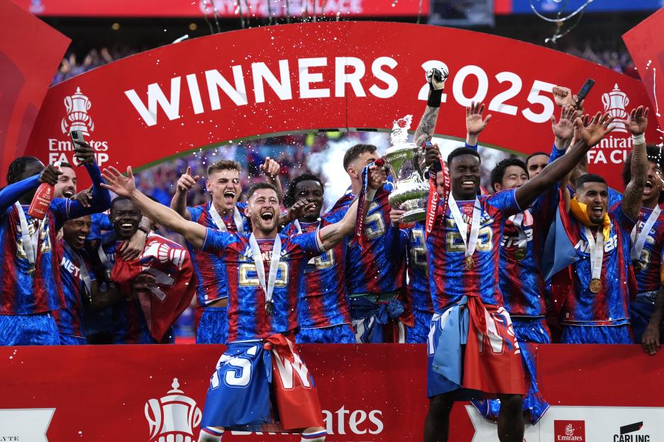 Crystal Palace players celebrating their 2025 FA Cup victory.