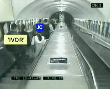 CCTV footage of Jean Charles de Menezes being pursued at Stockwell tube station.