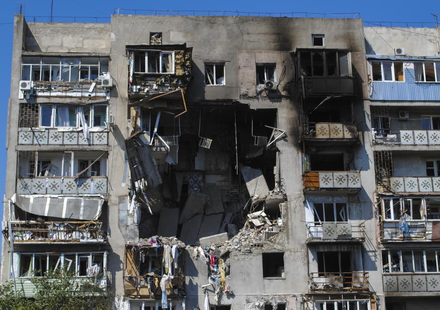 Drone strike damage to a residential building in Odesa, Ukraine.