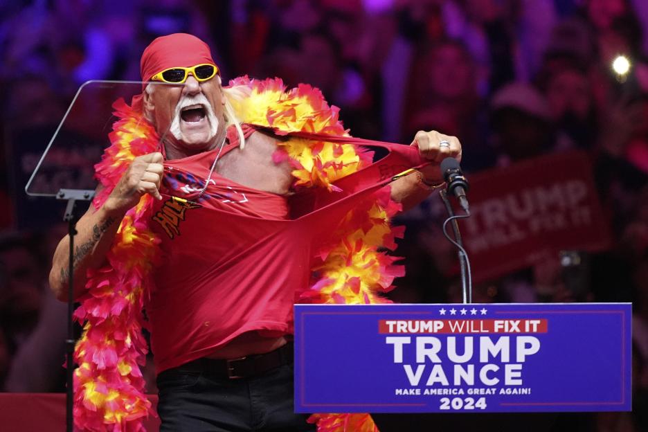 Hulk Hogan at a Trump rally, tearing his shirt.