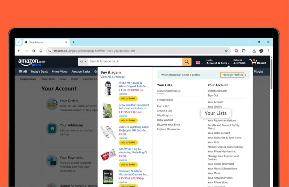 Screenshot of Amazon account page showing order history, addresses, payments, lists, and buy-it-again options.