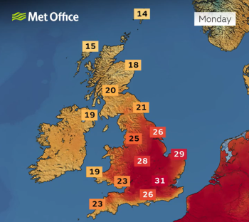 Met Office UK weather forecast map showing temperatures for Monday.