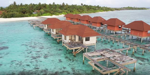 Aerial view of an abandoned resort in the Maldives.