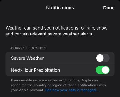 Screenshot of iPhone weather notification settings.
