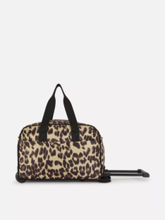 Leopard print rolling duffel bag.