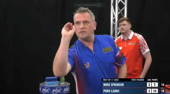 Niko Springer throwing darts during a match against Pero Ljubic.