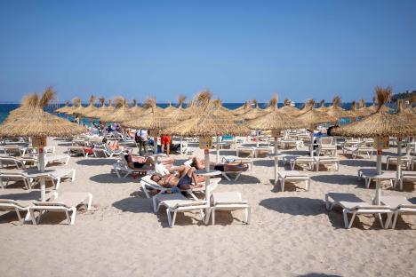Empty beach sunbeds in Magaluf, Spain.