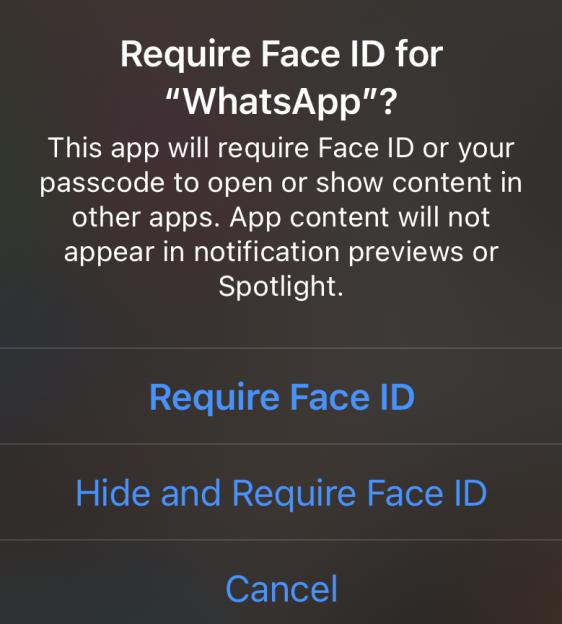 Screenshot of iPhone prompt asking whether to require Face ID for WhatsApp.