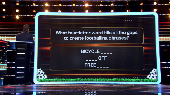 Game show screen displaying a word puzzle: What four-letter word completes the football phrases