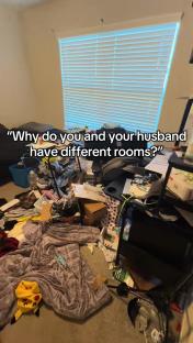 Messy bedroom with the question,