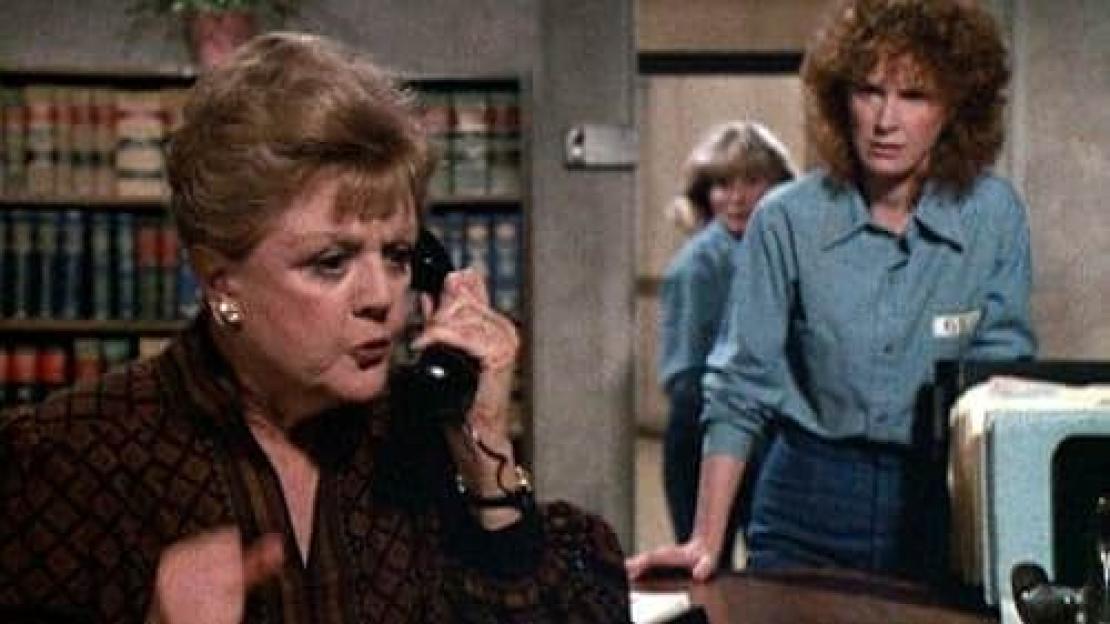 Scene from Murder, She Wrote: Jessica Fletcher on the phone.
