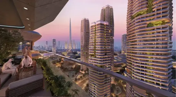 An illustration of a balcony overlooking a futuristic city with several high-rise buildings.
