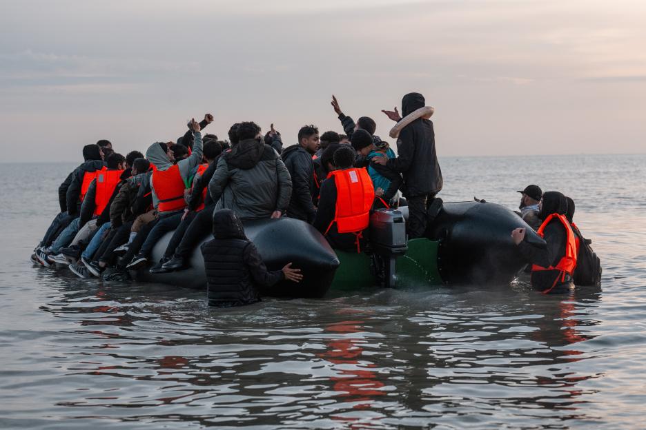 Migrants in a small boat in the English Channel.