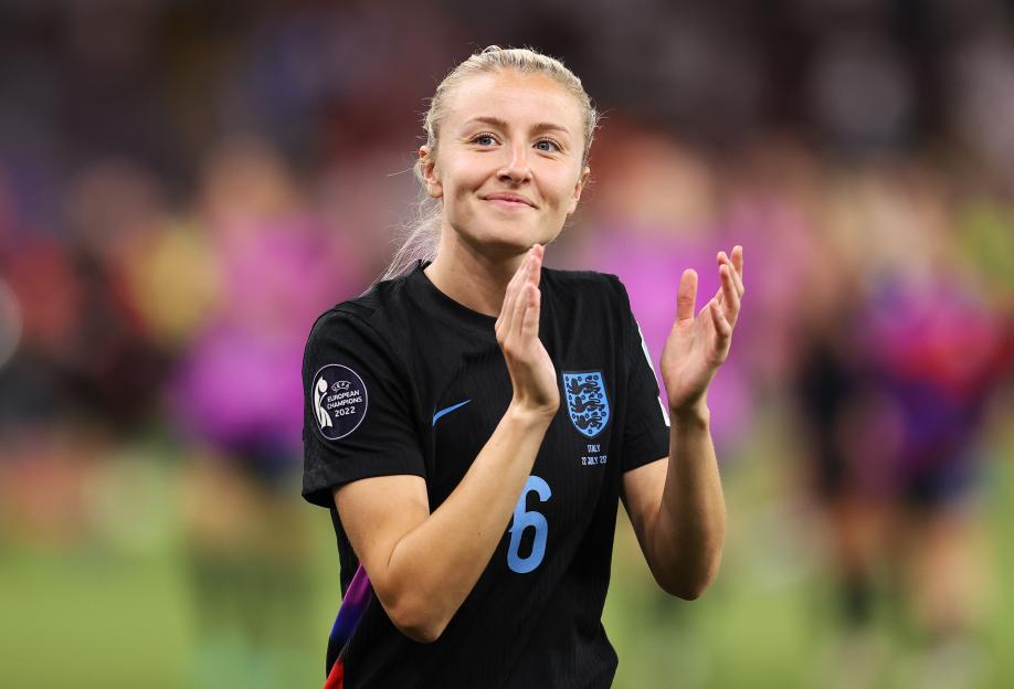 Leah Williamson of England acknowledges fans after a match.