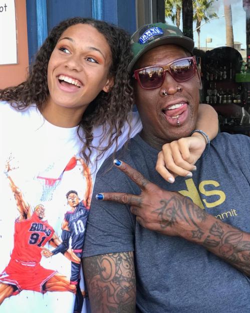 Trinity Rodman and Dennis Rodman posing together.