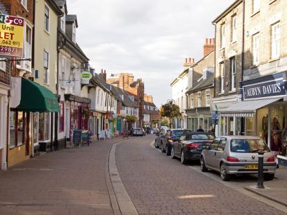 Shops along a street in Bury St Edmunds, Suffolk.