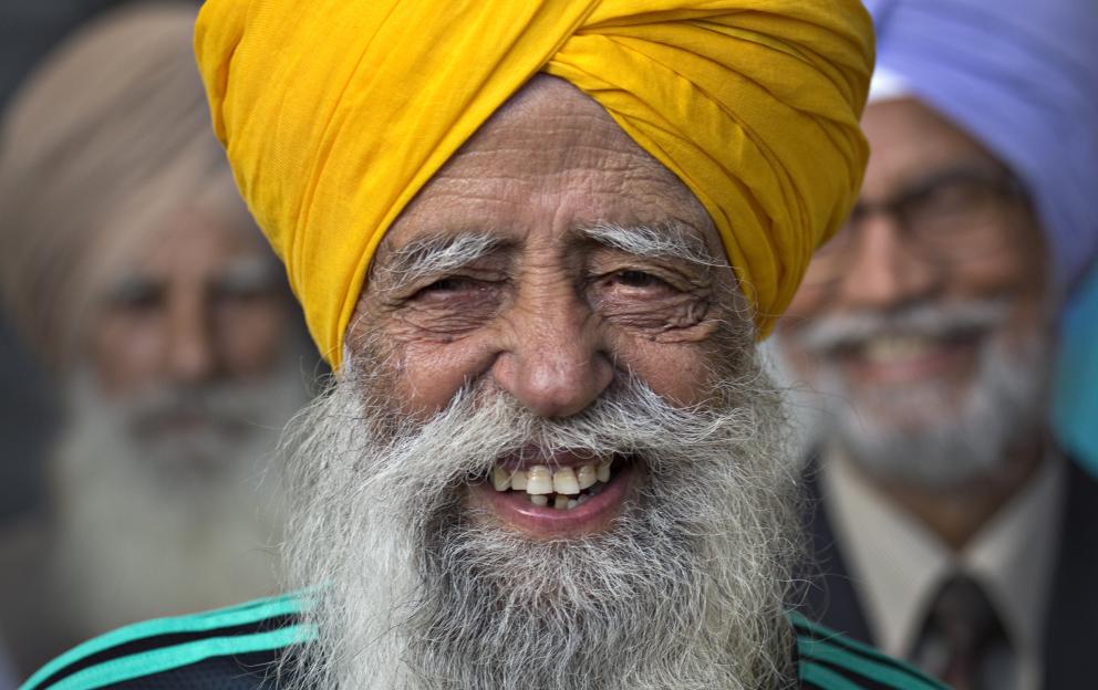 Smiling Fauja Singh, the world's oldest marathon runner.