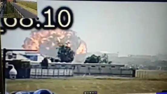 Security camera footage of a large explosion.