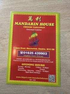 Mandarin House Chinese takeaway menu with contact information and opening hours.
