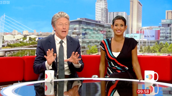 BBC Breakfast hosts Naga Munchetty and Charlie Stayt on set.