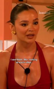 Screenshot from Love Island showing Toni talking about other contestants.