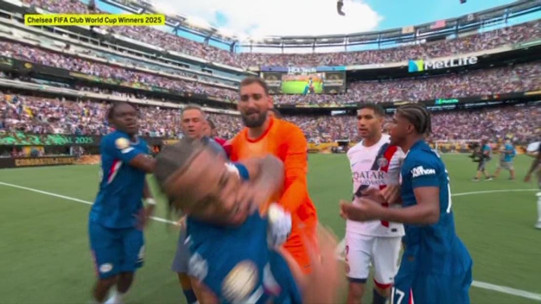 Post-game altercation between Chelsea and PSG players.