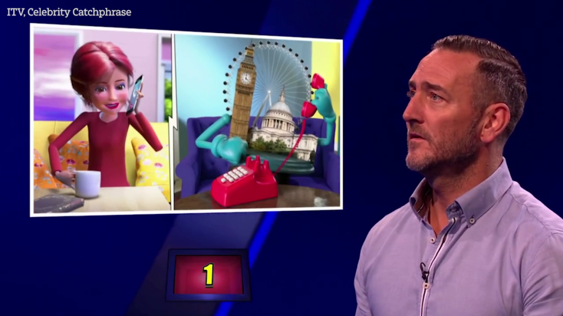 Screenshot of a game show segment showing a cartoon woman on a phone and a red phone with London landmarks; a man looks on.